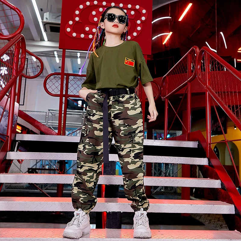 New Hip Hop Girls Clothes Short Sleeve Camouflage Suit Hiphop Pants Boys Street Dancewear Camp Military Training Clothing BL4410 - Image 8