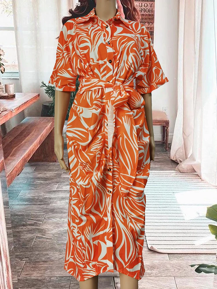 New In Dress Women Clothing for Summer Printed Waist Tie-up Shirt Sexy Long Formal Occasion Dresses for Women 2023 Evening Dress - Image 3