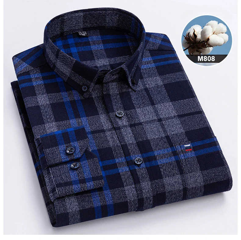 New in shirtplus size 7XL 100%cotton sanding long-sleeve shirts for men slim fit plain shirt striped plaid single pocket clothes - Image 21