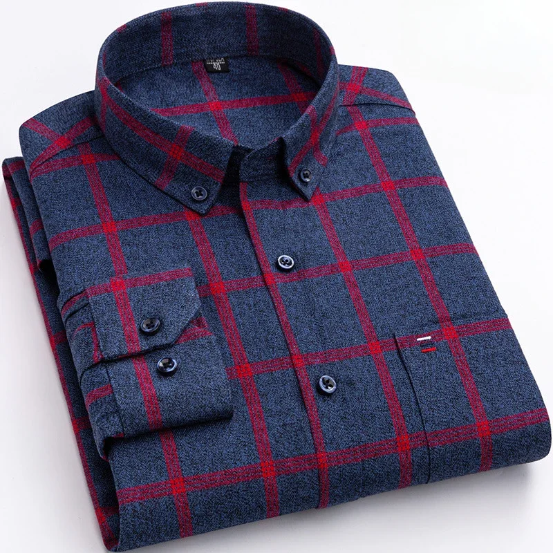 New in shirtplus size 7XL 100%cotton sanding long-sleeve shirts for men slim fit plain shirt striped plaid single pocket clothes - Image 28