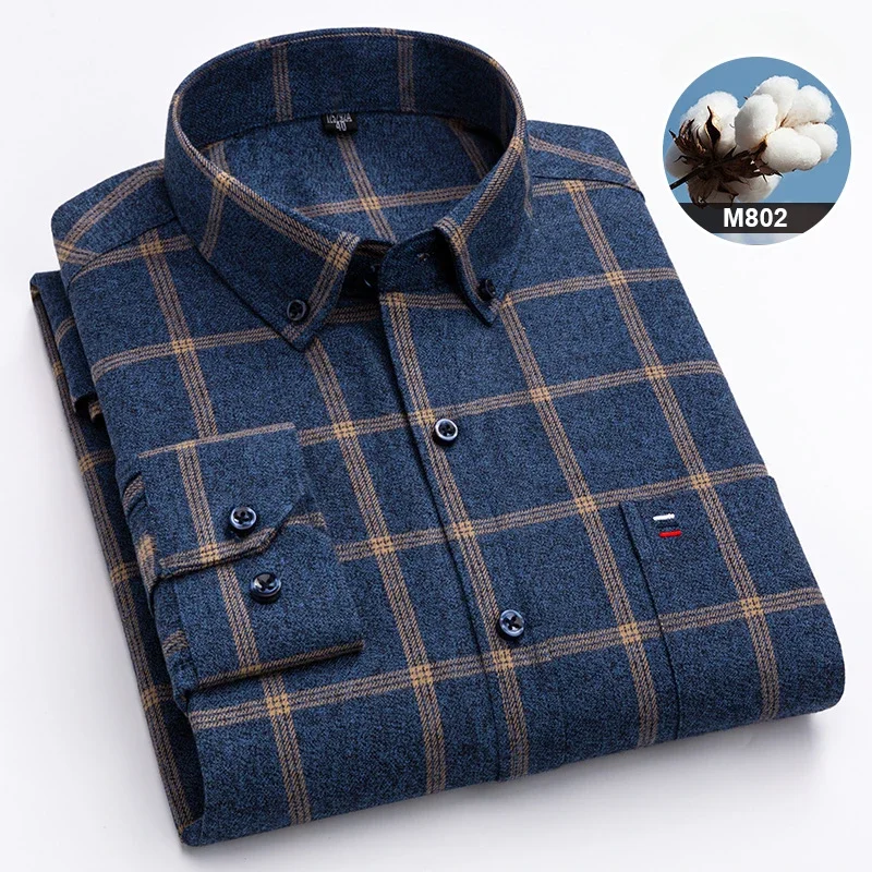 New in shirtplus size 7XL 100%cotton sanding long-sleeve shirts for men slim fit plain shirt striped plaid single pocket clothes - Image 29