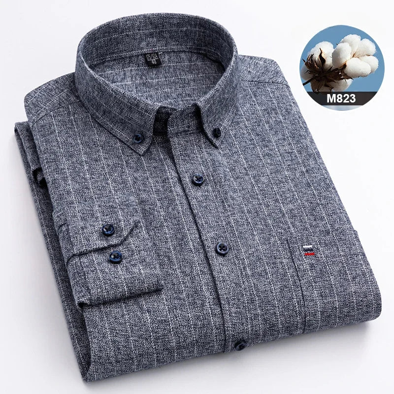 New in shirtplus size 7XL 100%cotton sanding long-sleeve shirts for men slim fit plain shirt striped plaid single pocket clothes - Image 32