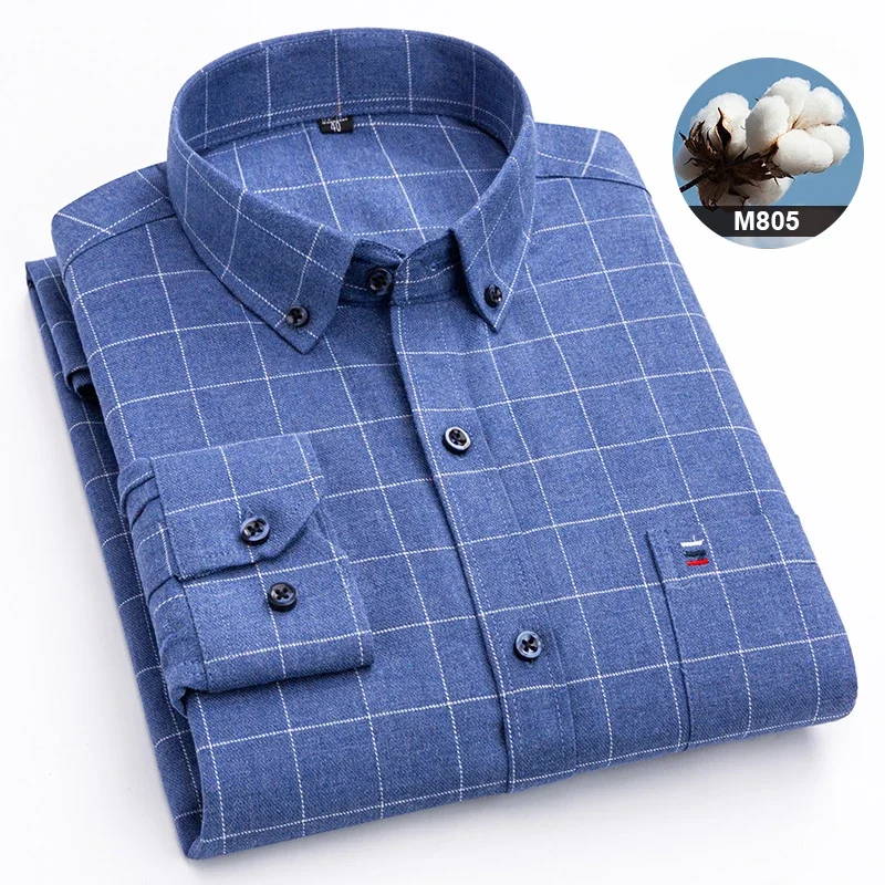 New in shirtplus size 7XL 100%cotton sanding long-sleeve shirts for men slim fit plain shirt striped plaid single pocket clothes - Image 33