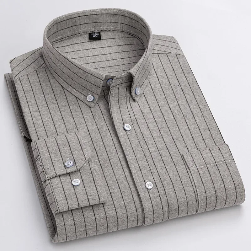 New in shirtplus size 7XL 100%cotton sanding long-sleeve shirts for men slim fit plain shirt striped plaid single pocket clothes - Image 6