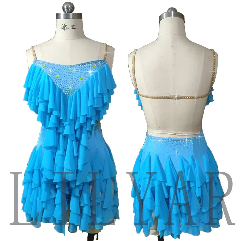 New Latin  Competition Performance  Adult Custom Children's Purple Tassel Backless Dance Skirt Blue Pleated Skirt - Image 6