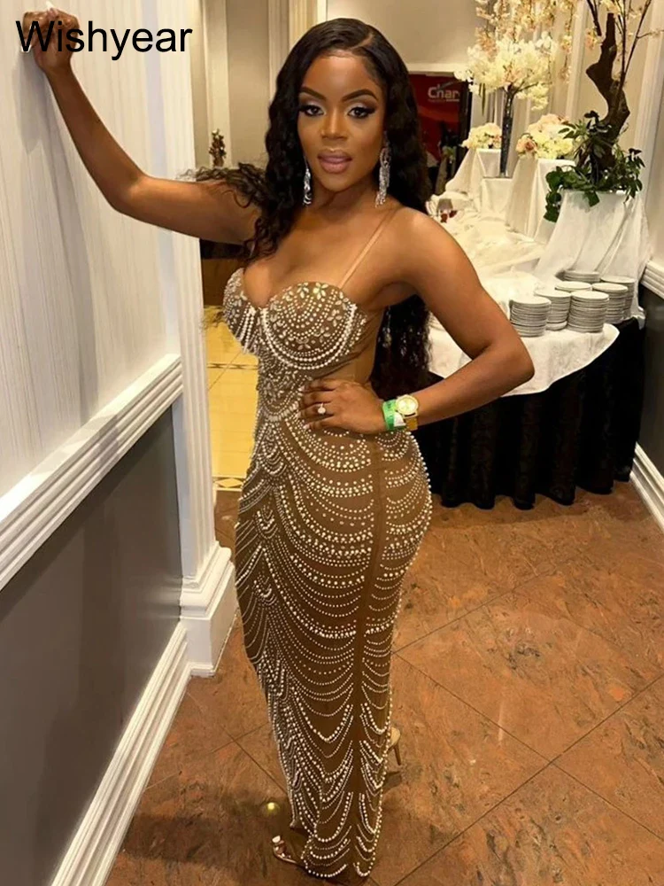 New Luxury Sparkly Crystal Rhinestone Pearl Celebrities Gown Brown Dress Woman Strap Evening Party Birthday Prom Wedding Vestido - Image 2