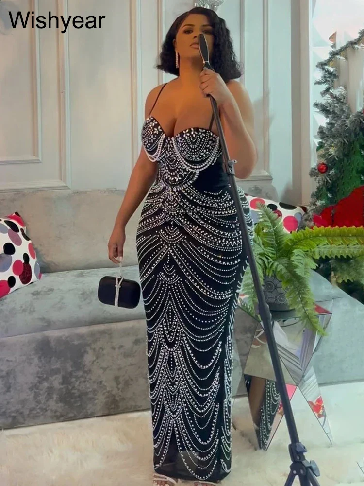 New Luxury Sparkly Crystal Rhinestone Pearl Celebrities Gown Brown Dress Woman Strap Evening Party Birthday Prom Wedding Vestido - Image 3