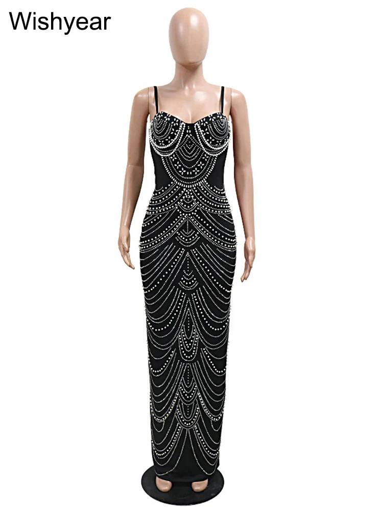 New Luxury Sparkly Crystal Rhinestone Pearl Celebrities Gown Brown Dress Woman Strap Evening Party Birthday Prom Wedding Vestido - Image 4