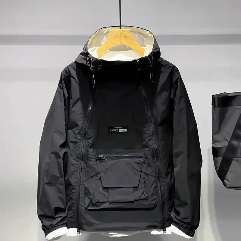 New Luxury Spring Autumn Men's Jacket Fashion Double Zip Hooded Outdoor Jacket Black Coat Pocket Sportswear - Image 2