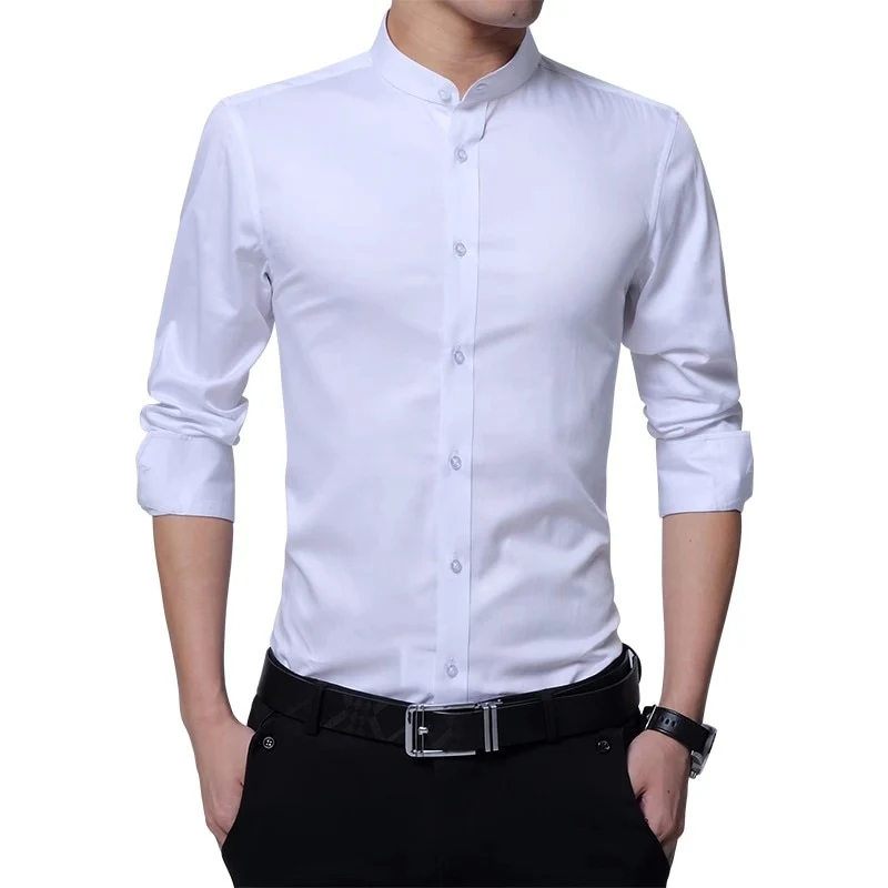 New Men Business Shirts Black/White Fashion Elegant Male Stand Collar Long Sleeve Tops Homme Wedding Party Dresses - Image 10