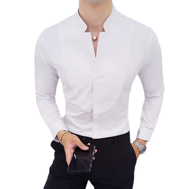 New Men Business Shirts Black/White Fashion Elegant Male Stand Collar Long Sleeve Tops Homme Wedding Party Dresses - Image 11