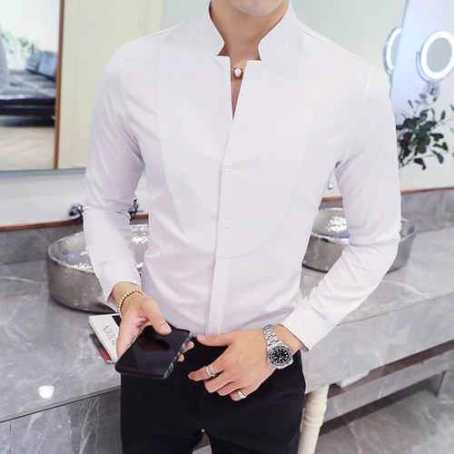 New Men Business Shirts Black/White Fashion Elegant Male Stand Collar Long Sleeve Tops Homme Wedding Party Dresses - Image 2