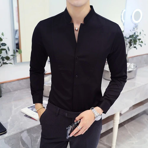 New Men Business Shirts Black/White Fashion Elegant Male Stand Collar Long Sleeve Tops Homme Wedding Party Dresses - Image 3