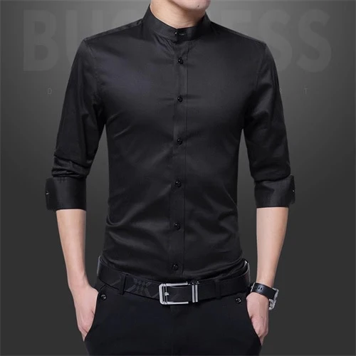 New Men Business Shirts Black/White Fashion Elegant Male Stand Collar Long Sleeve Tops Homme Wedding Party Dresses - Image 4