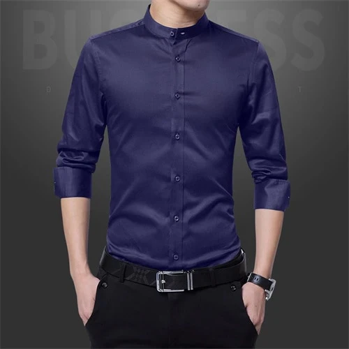 New Men Business Shirts Black/White Fashion Elegant Male Stand Collar Long Sleeve Tops Homme Wedding Party Dresses - Image 5
