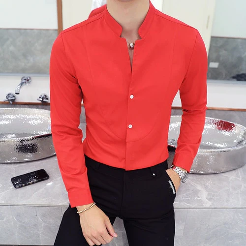 New Men Business Shirts Black/White Fashion Elegant Male Stand Collar Long Sleeve Tops Homme Wedding Party Dresses - Image 6