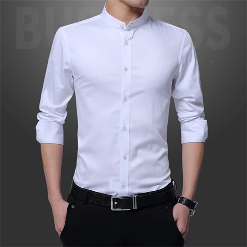 New Men Business Shirts Black/White Fashion Elegant Male Stand Collar Long Sleeve Tops Homme Wedding Party Dresses - Image 7