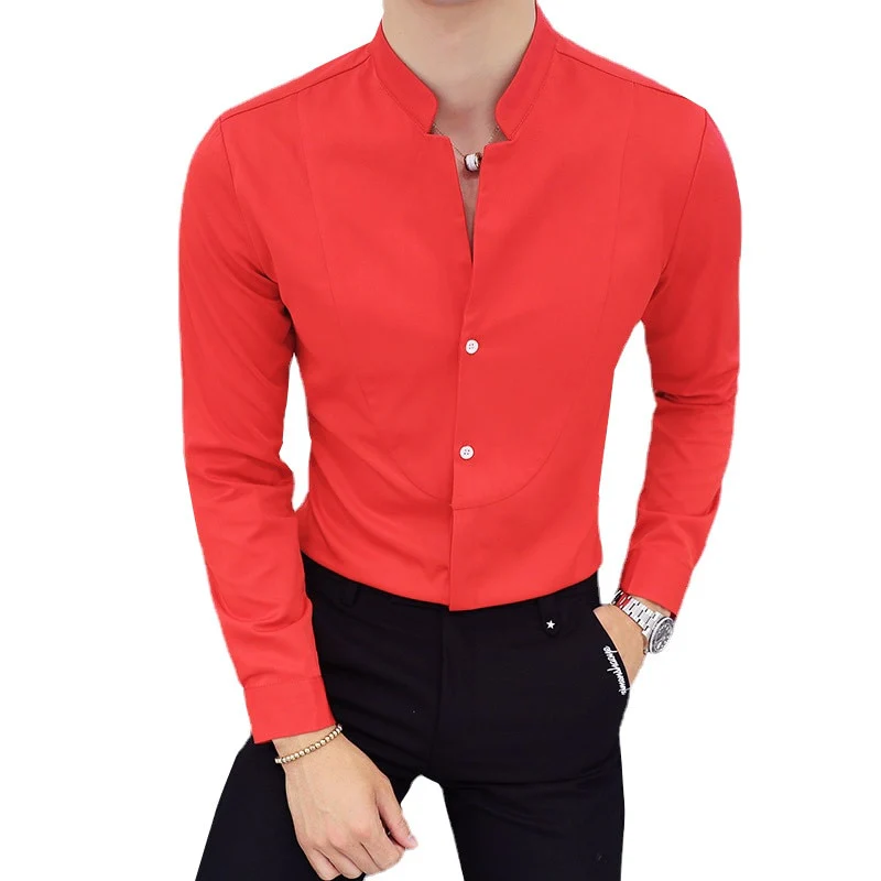 New Men Business Shirts Black/White Fashion Elegant Male Stand Collar Long Sleeve Tops Homme Wedding Party Dresses - Image 8