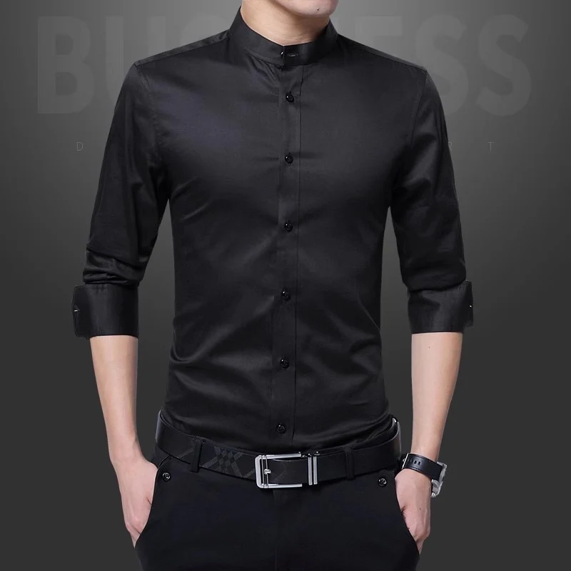 New Men Business Shirts Black/White Fashion Elegant Male Stand Collar Long Sleeve Tops Homme Wedding Party Dresses - Image 9