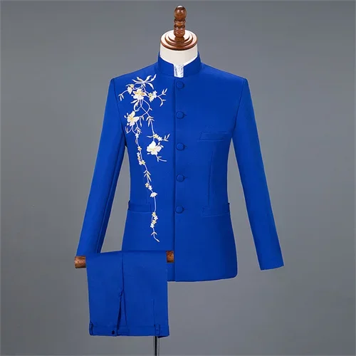 New Men Stand Collar Embroidery Suit 2 Piece Black / White / Red Fashion Male Stage Party Perform Blazer and Trousers - Image 10
