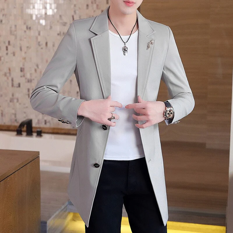 New Men's Business Casual Fashion Urban Korean Trend Slim Solid Color Small Suit Jacket Spring blazers long dress coat - Image 2