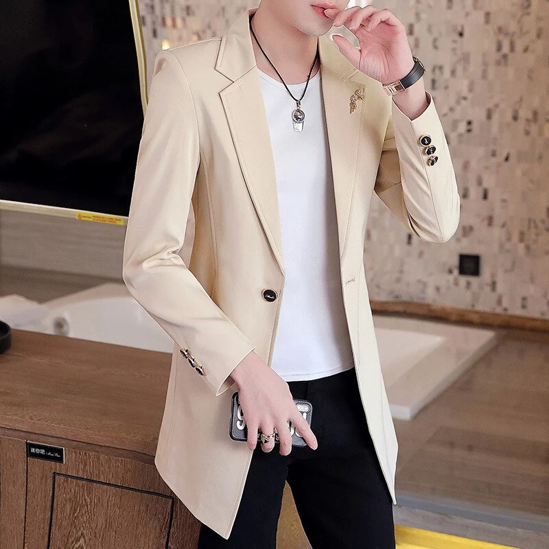 New Men's Business Casual Fashion Urban Korean Trend Slim Solid Color Small Suit Jacket Spring blazers long dress coat - Image 3