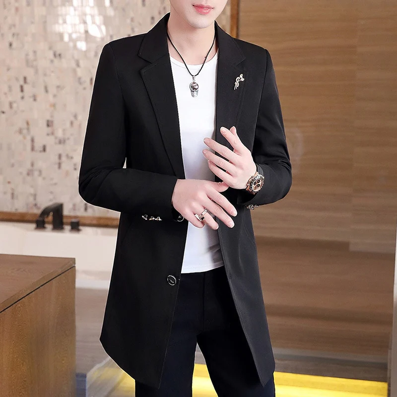 New Men's Business Casual Fashion Urban Korean Trend Slim Solid Color Small Suit Jacket Spring blazers long dress coat - Image 5