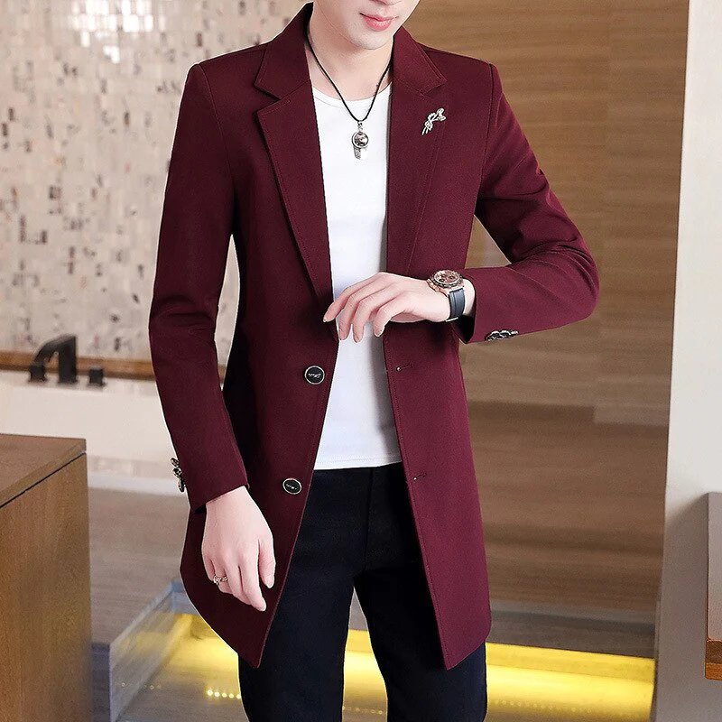 New Men's Business Casual Fashion Urban Korean Trend Slim Solid Color Small Suit Jacket Spring blazers long dress coat - Image 6