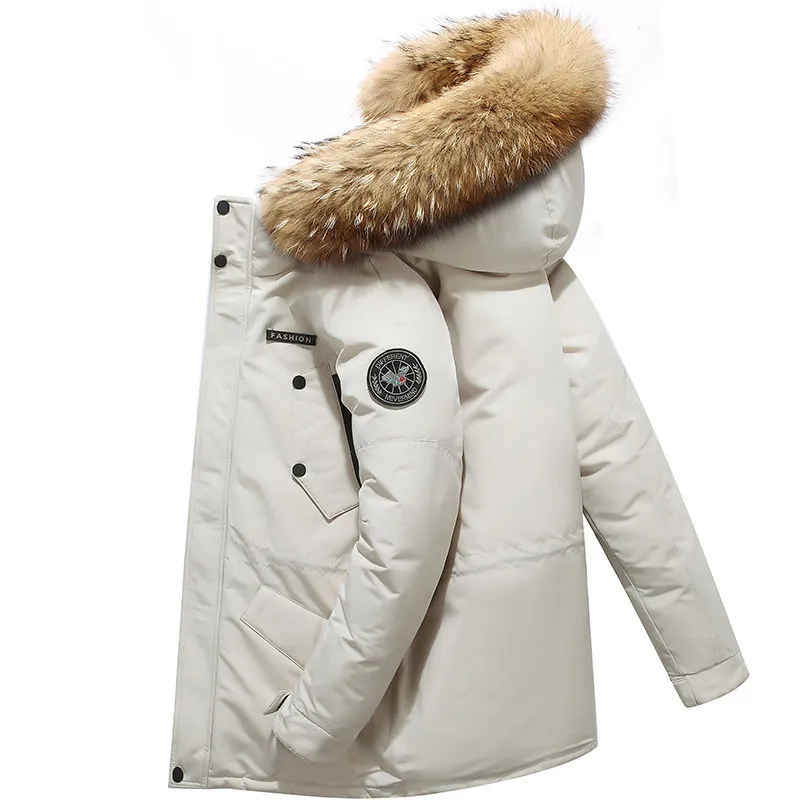 New Men's Thickened White Duck Down Coat Mid-length Winter Outerwear with Detachable Fur Collar for Fashionable Look - Image 2
