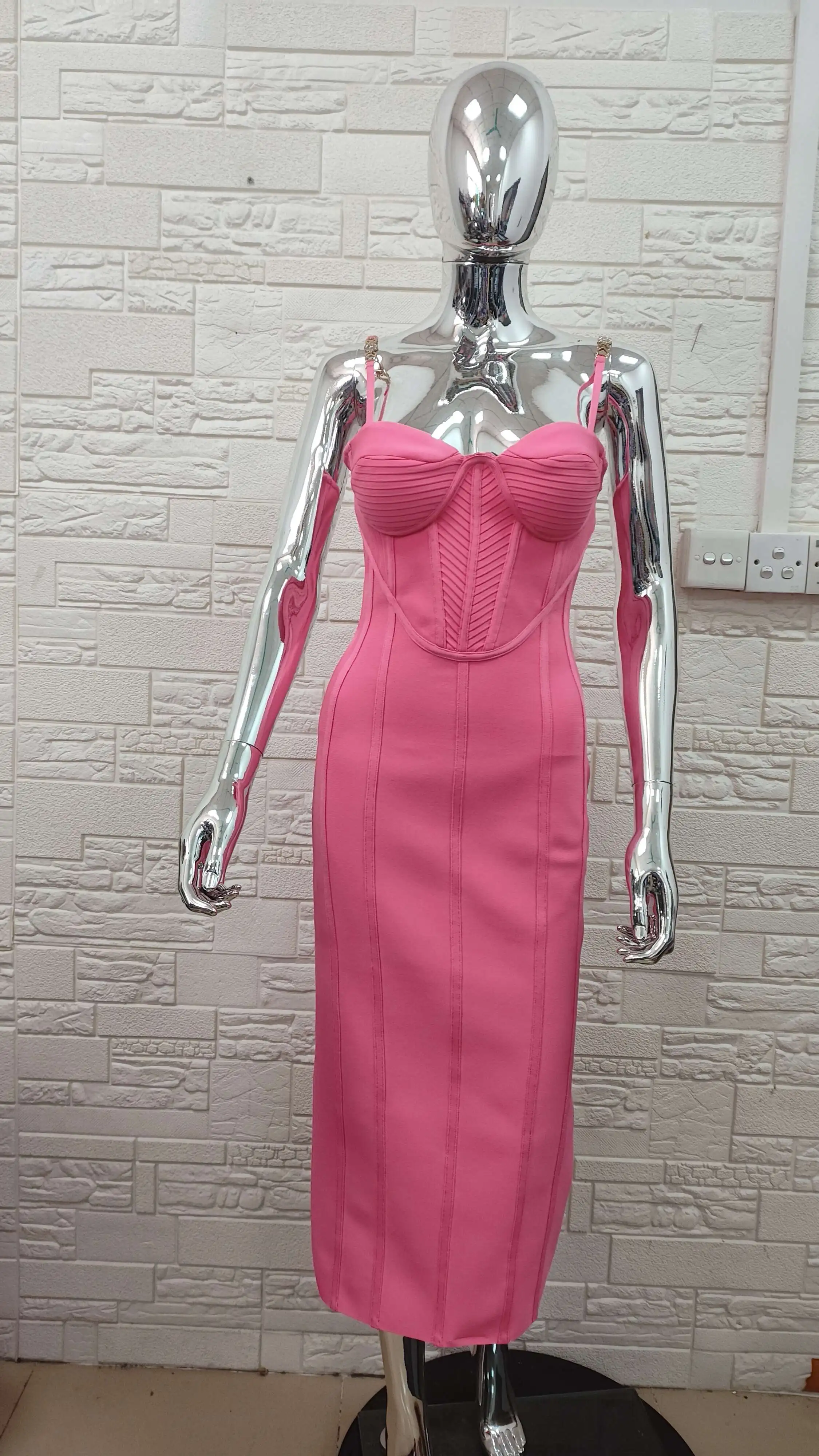 New Pink Color Women Sleeveless Sexy Square Collar Bodycon Bandage Mid-calf Dress Nightlcub Party Celebrate Birthday Dress - Image 5