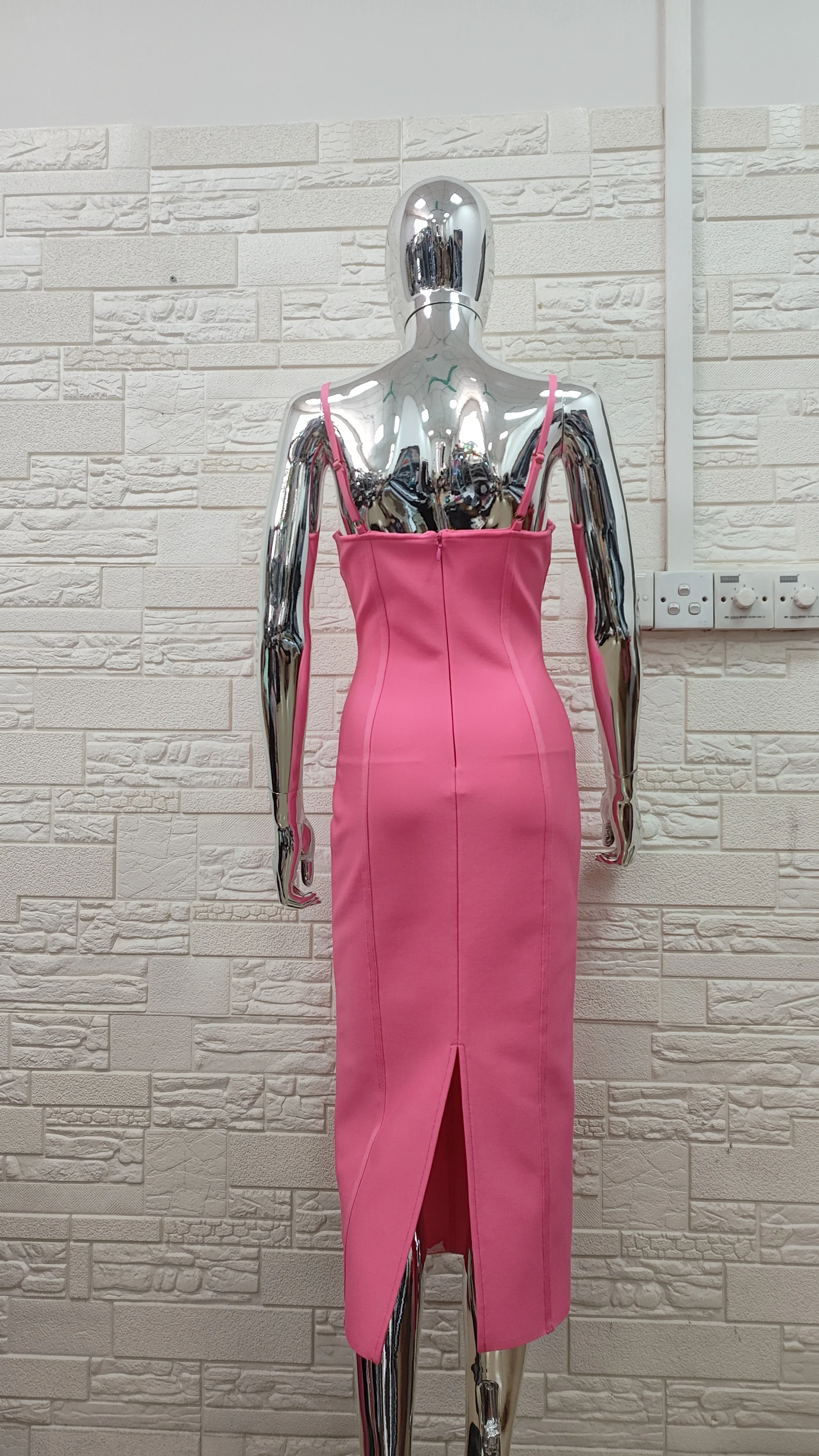 New Pink Color Women Sleeveless Sexy Square Collar Bodycon Bandage Mid-calf Dress Nightlcub Party Celebrate Birthday Dress - Image 6
