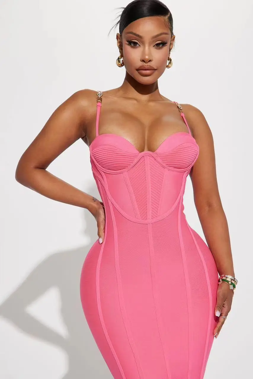 New Pink Color Women Sleeveless Sexy Square Collar Bodycon Bandage Mid-calf Dress Nightlcub Party Celebrate Birthday Dress - Image 7
