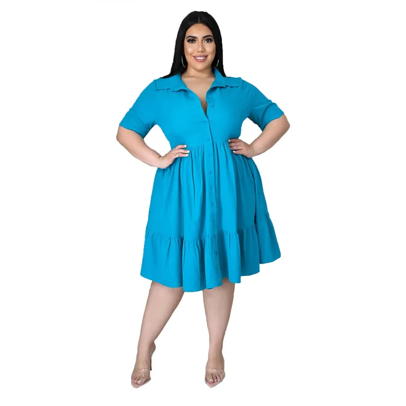 New Plus Size Dresses Women Summer Wholesale Solid Buttons Casual Turn Down Collar Knee Length Ruffle Shirt Dress Dropshipping - Image 5