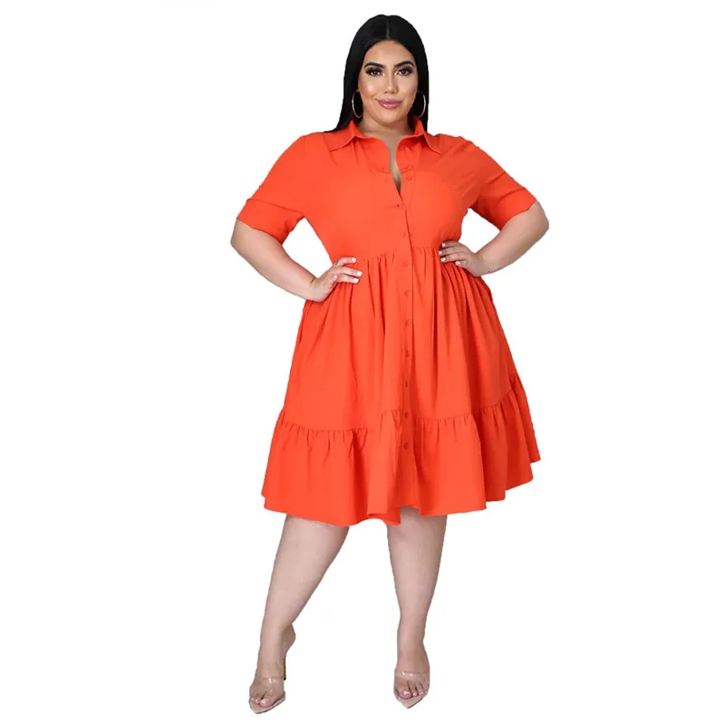 New Plus Size Dresses Women Summer Wholesale Solid Buttons Casual Turn Down Collar Knee Length Ruffle Shirt Dress Dropshipping - Image 7
