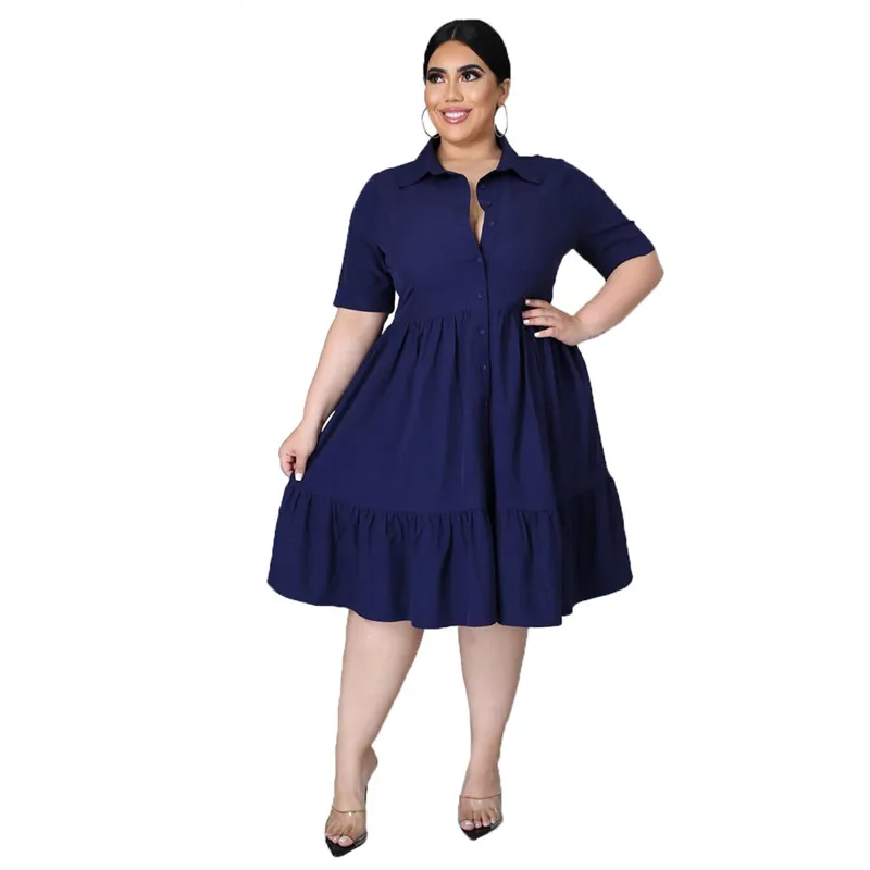 New Plus Size Dresses Women Summer Wholesale Solid Buttons Casual Turn Down Collar Knee Length Ruffle Shirt Dress Dropshipping - Image 8
