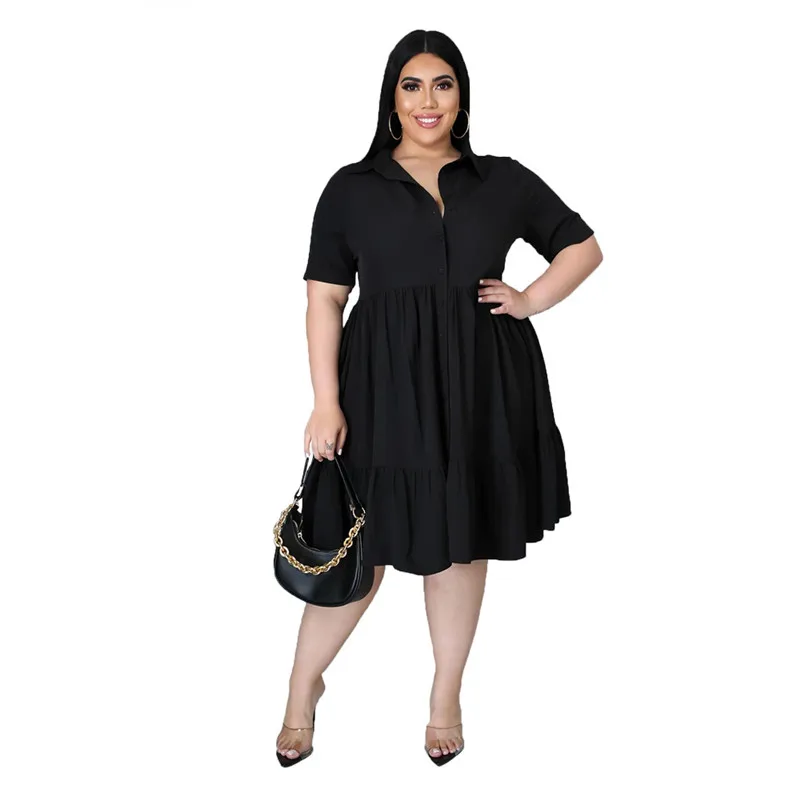 New Plus Size Dresses Women Summer Wholesale Solid Buttons Casual Turn Down Collar Knee Length Ruffle Shirt Dress Dropshipping - Image 9