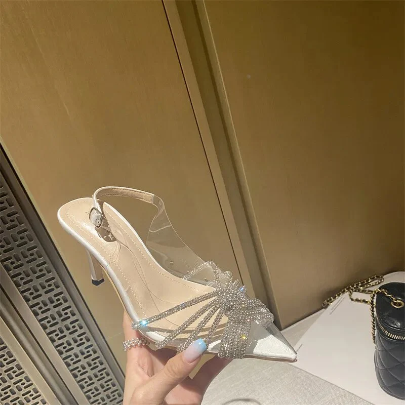New Pointed Toe Rhinestones Women Sandals Female Transparent Thin High Wedding Shoes Ladies Sexy Pu Buckle Straps Pumps 2022 - Image 11