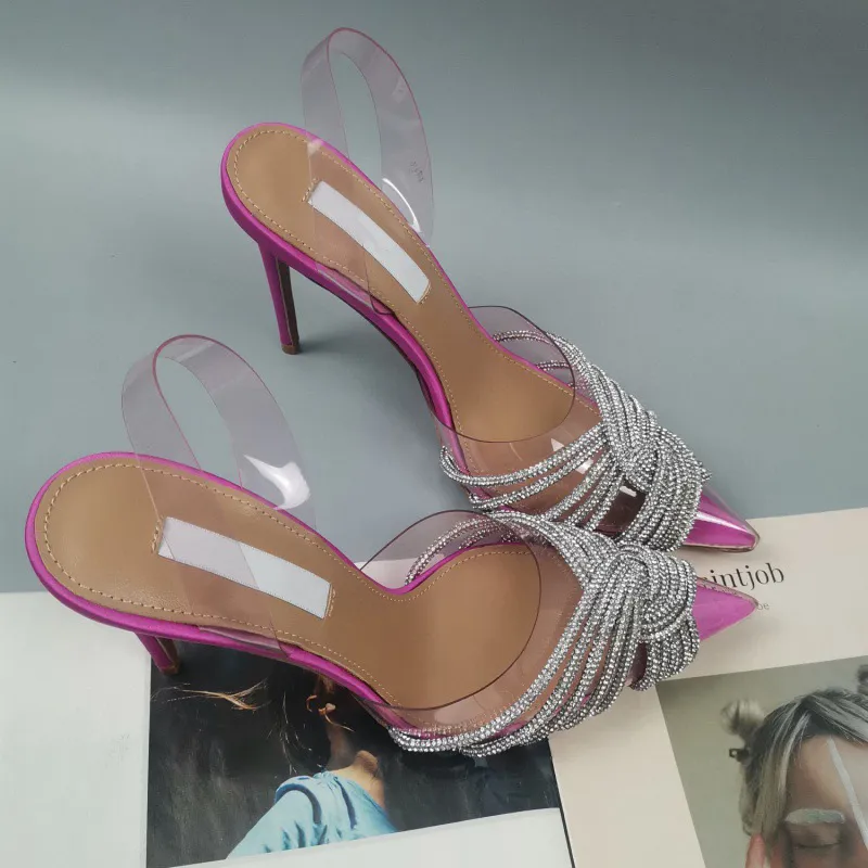 New Pointed Toe Rhinestones Women Sandals Female Transparent Thin High Wedding Shoes Ladies Sexy Pu Buckle Straps Pumps 2022 - Image 6