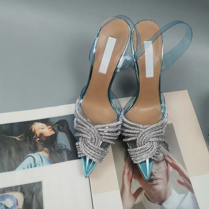 New Pointed Toe Rhinestones Women Sandals Female Transparent Thin High Wedding Shoes Ladies Sexy Pu Buckle Straps Pumps 2022 - Image 8