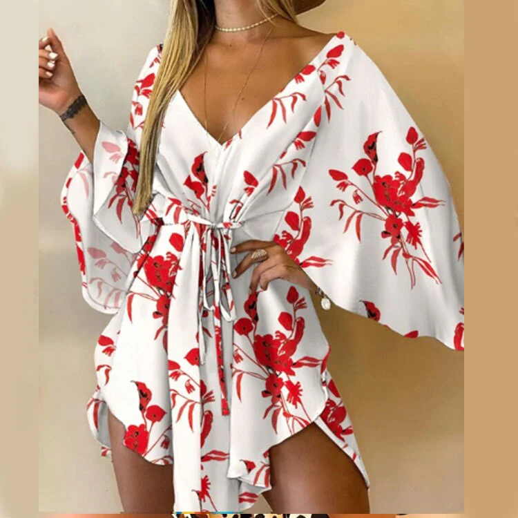 New Recreational Girls in Summer 2022, Feather Printed Bat Winged Sleeve Asymmetric Dress - Image 12