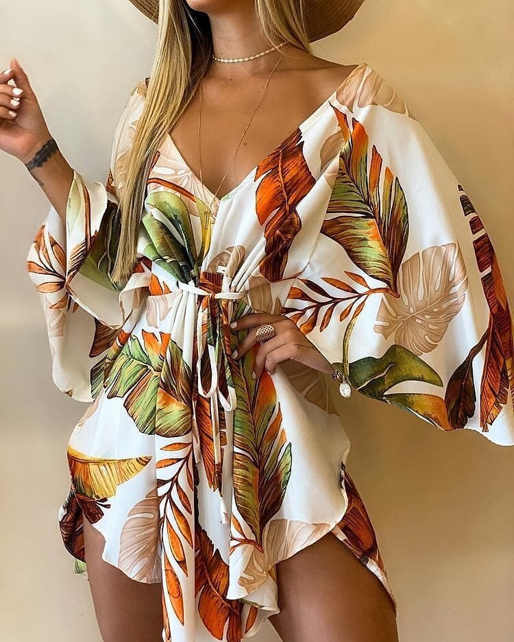 New Recreational Girls in Summer 2022, Feather Printed Bat Winged Sleeve Asymmetric Dress - Image 13