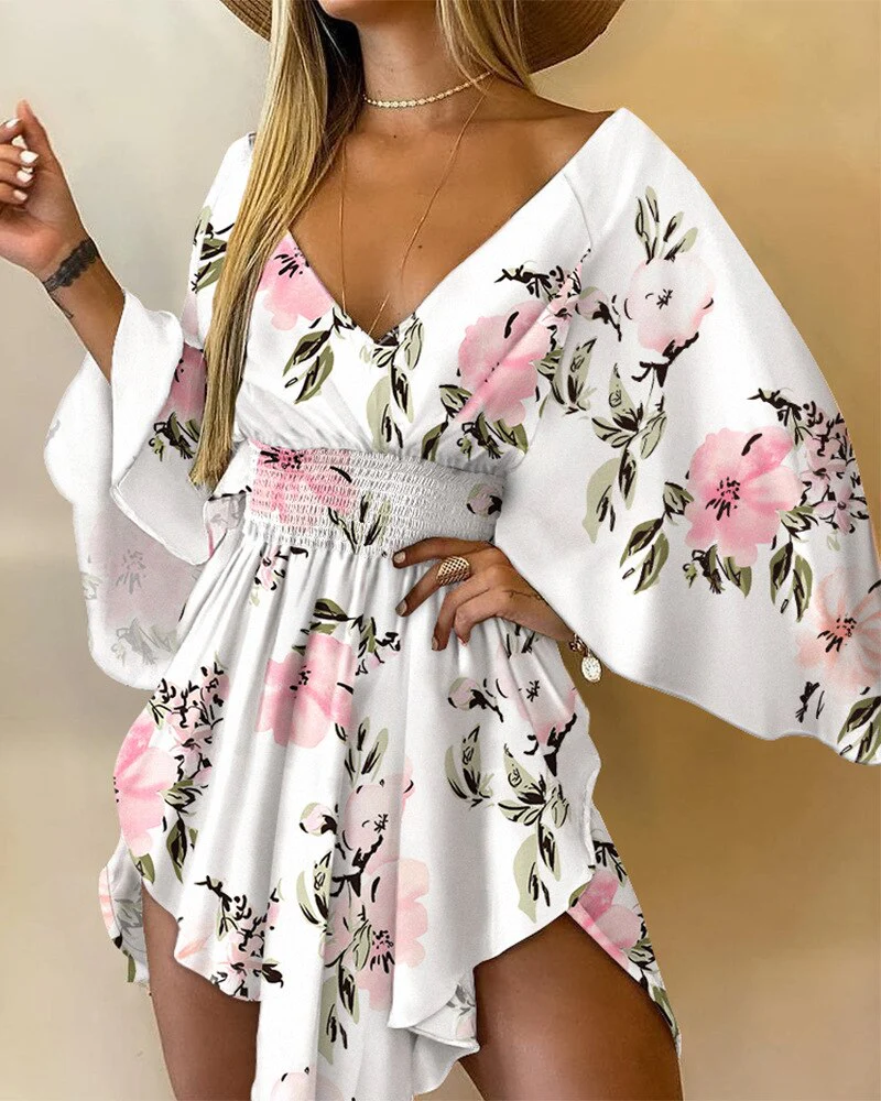 New Recreational Girls in Summer 2022, Feather Printed Bat Winged Sleeve Asymmetric Dress - Image 17