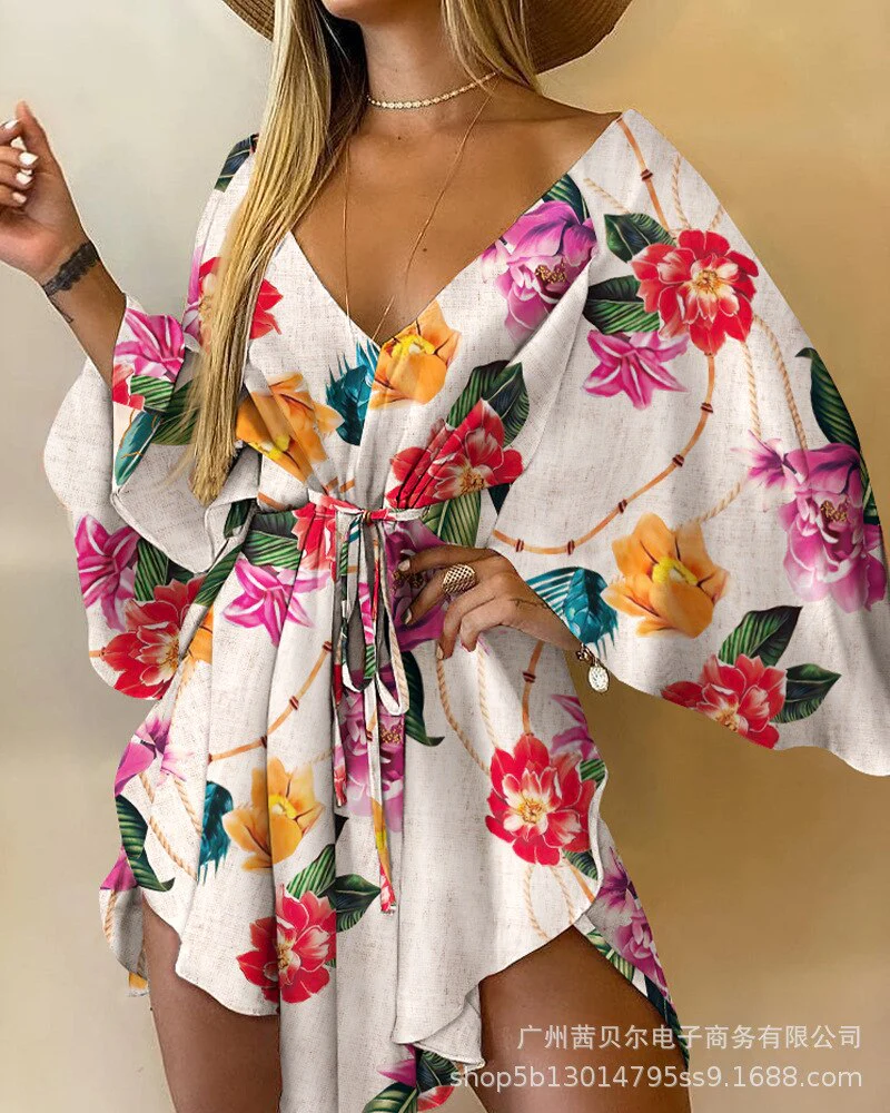 New Recreational Girls in Summer 2022, Feather Printed Bat Winged Sleeve Asymmetric Dress - Image 9