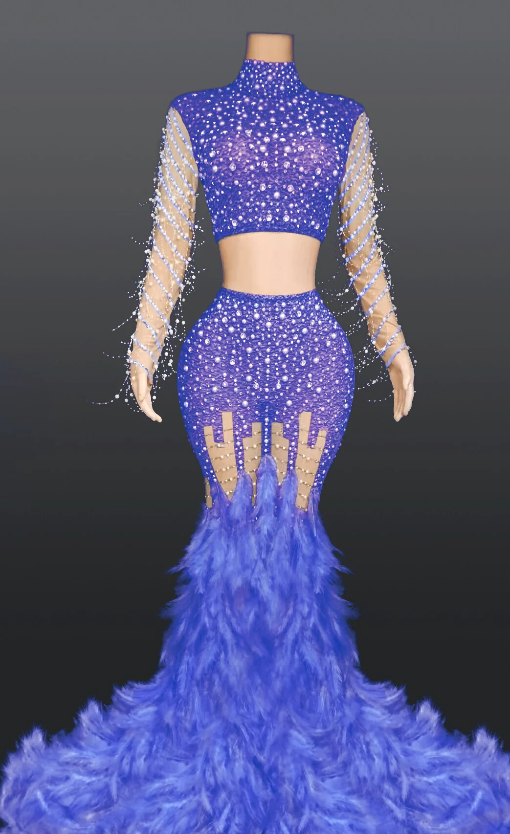 New Sexy Fashion Rhinestone Pearl Top And Feather Dress Set Birthday Model Show Costume - Image 4