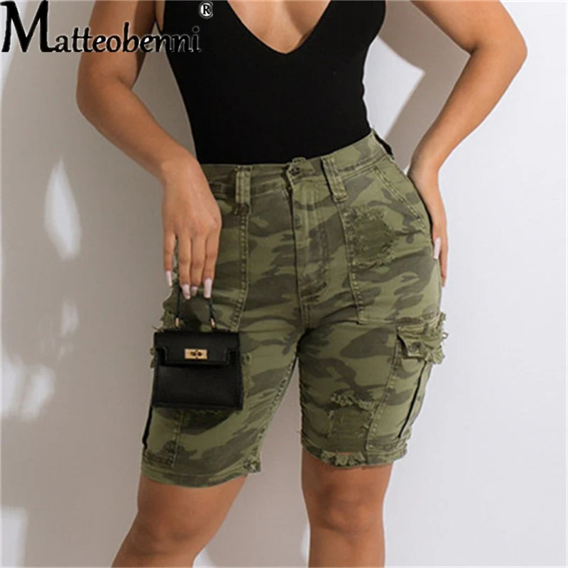 New Sexy Fashion Women Ladies Camouflage Print Denim Skinny Shorts High Waist Bodycon Slim Jeans Knee Length Stretch Short Jeans
