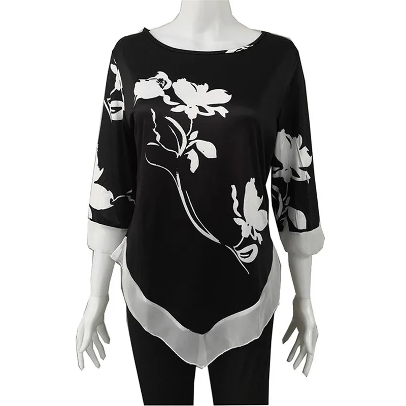 New Spring Oversized Women T Shirt Casual Irregular O-Neck Lace Splice Floral Printing Tee Shirt Women's Tops Pullovers Clothing - Image 3