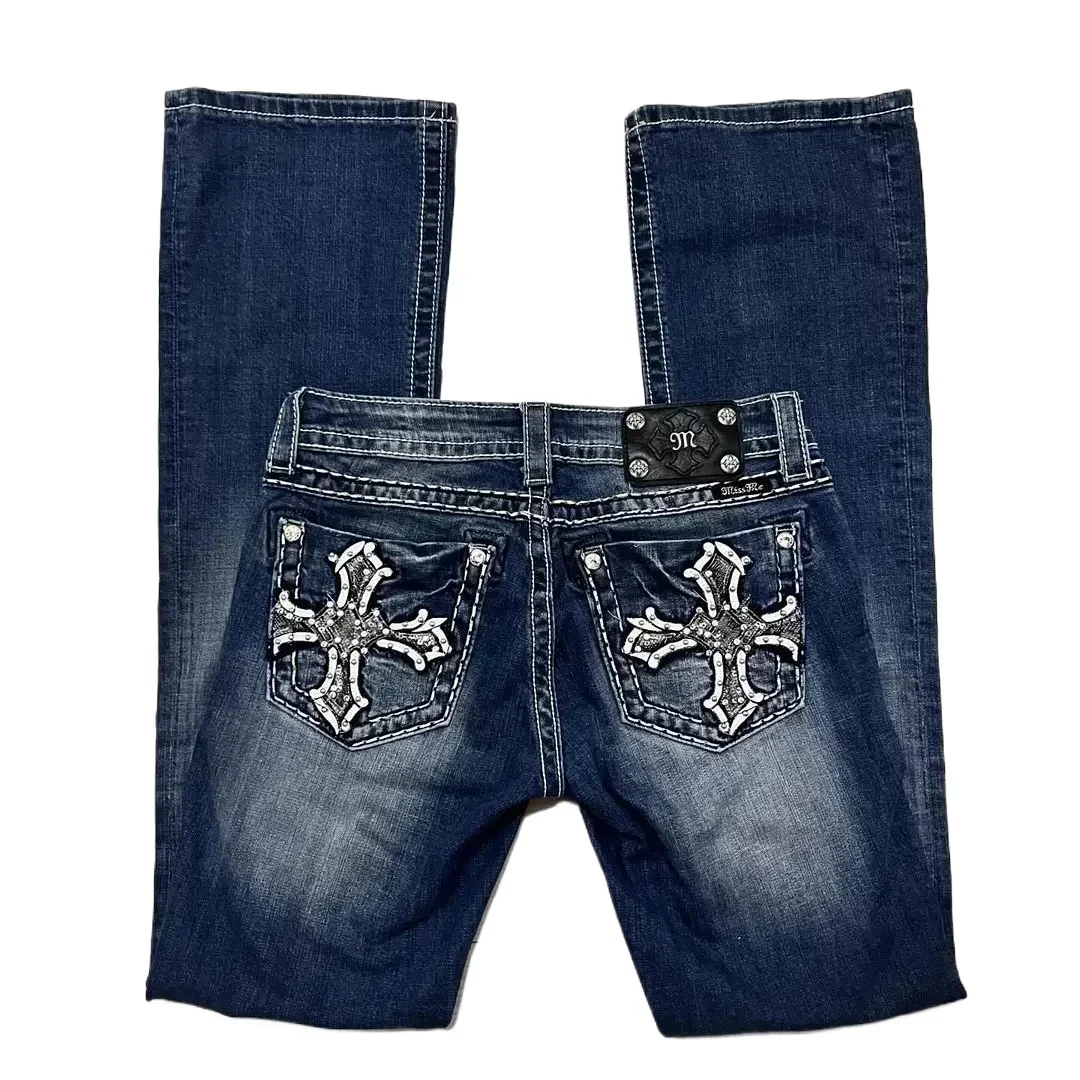 New Style Blue Embroidered Cross Pattern Jeans Vintage Streetwear Harajuku Casual Hip Hop Men and Women Y2k American Retro Jeans - Image 7