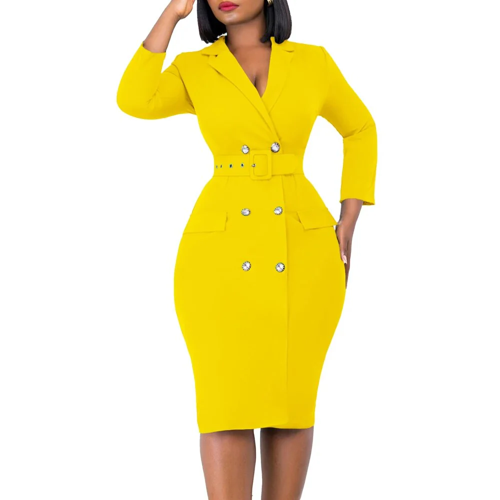 New Style Fashion OL Women Blazer Casual Pencil Dress Solid Color Wrap Chest Long Sleeve Office Lady Elegant Church Dresses - Image 3