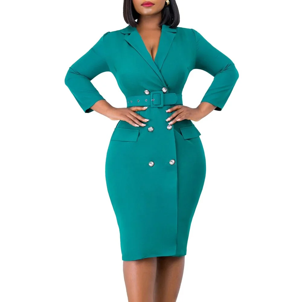 New Style Fashion OL Women Blazer Casual Pencil Dress Solid Color Wrap Chest Long Sleeve Office Lady Elegant Church Dresses - Image 7