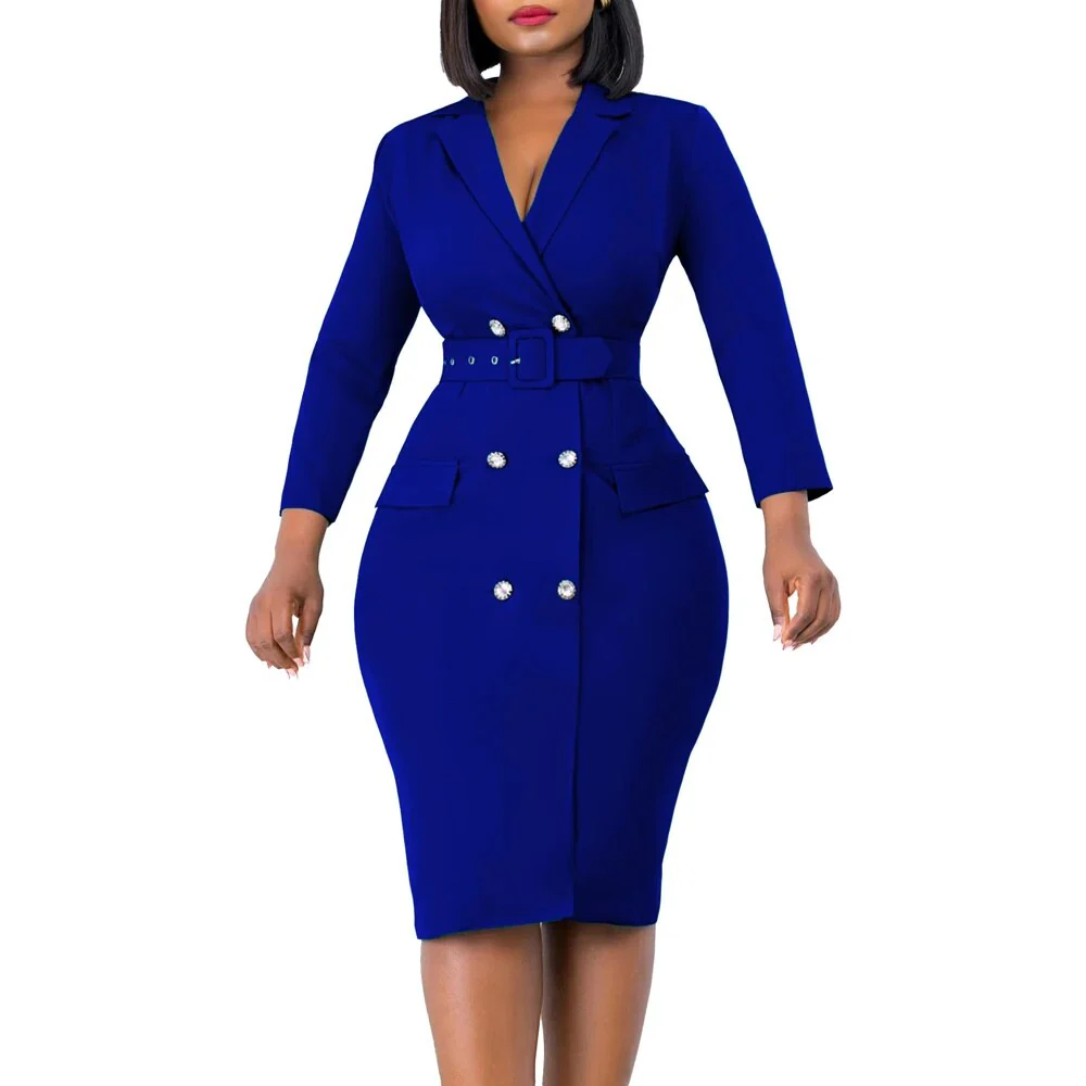 New Style Fashion OL Women Blazer Casual Pencil Dress Solid Color Wrap Chest Long Sleeve Office Lady Elegant Church Dresses - Image 8